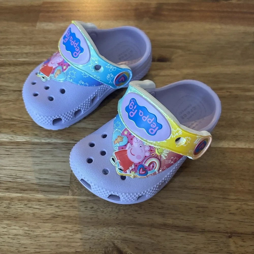 Crocs Peppa Pig Toddler Girl Size 4 C Purple Rainbow Vacation Beach NEW NO TAGS‎